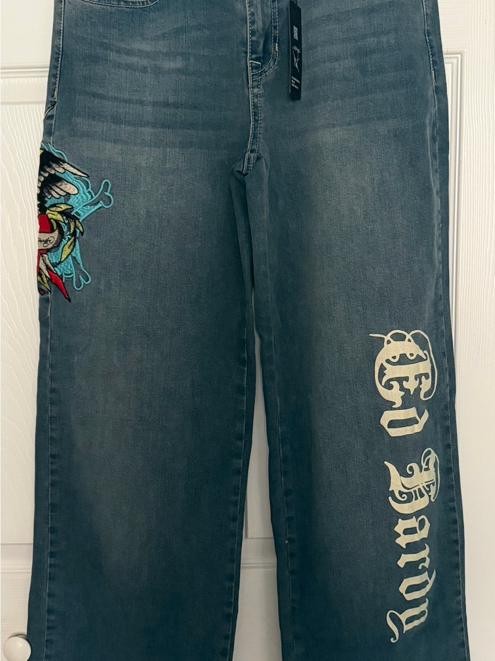 Ed Hardy Blue Wide-Leg Jeans with Contrast Embroidery